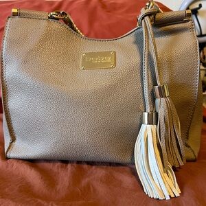 Bebe Taupe Shoulder Bag with Tassel Accents